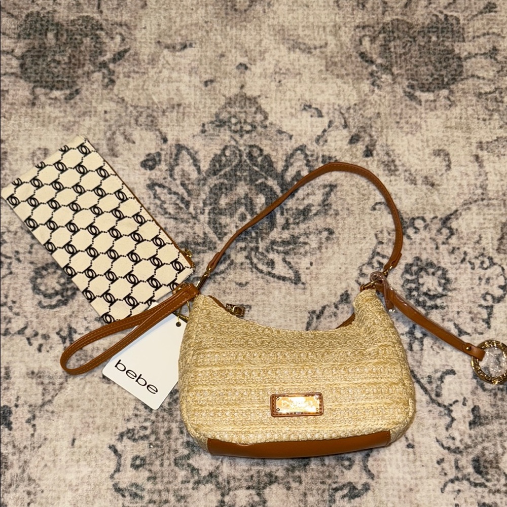 Bebe Gold and Tan Shoulder Bag and Wrislet Pouch with Structured Design